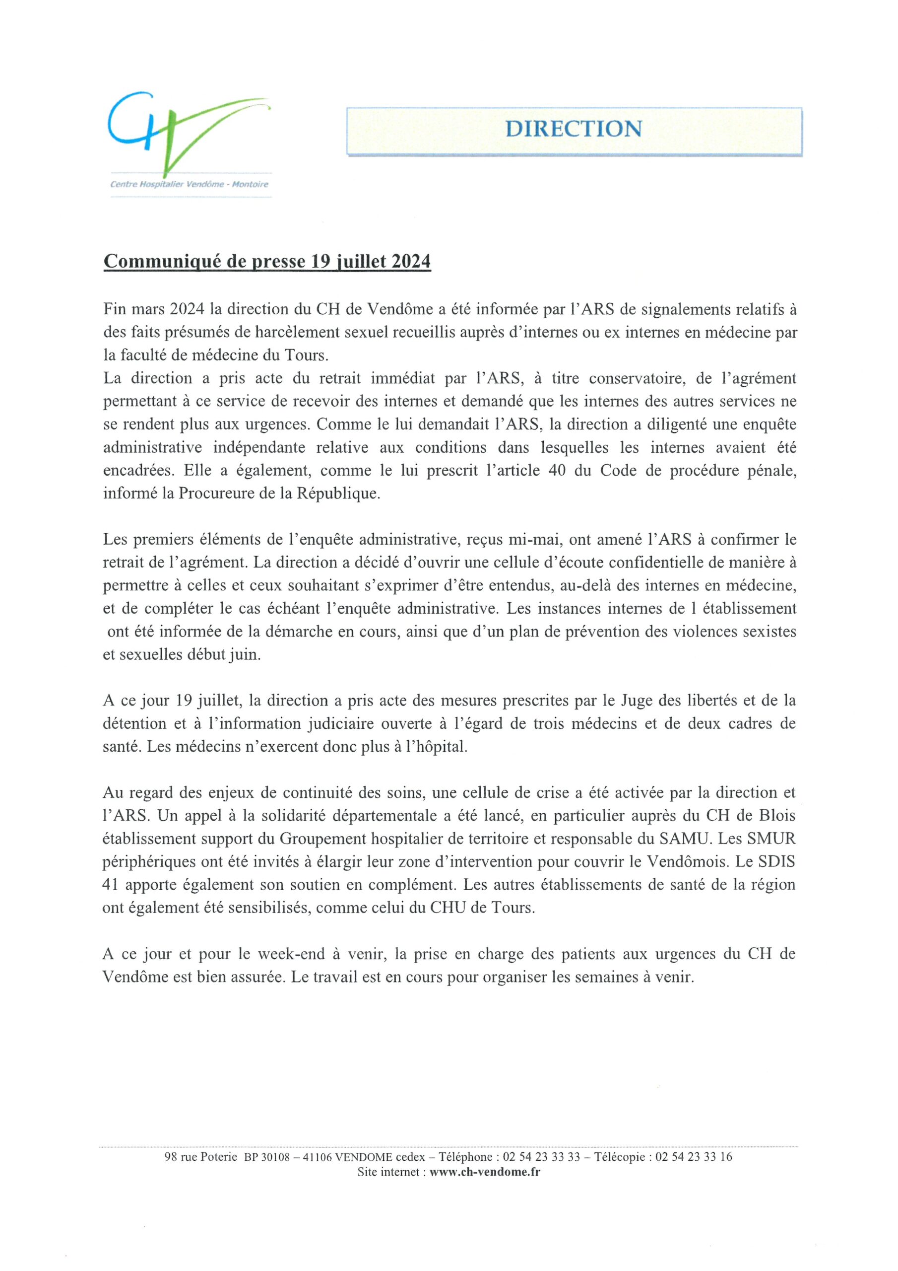 Communiqué de presse du 19 juillet 2024
